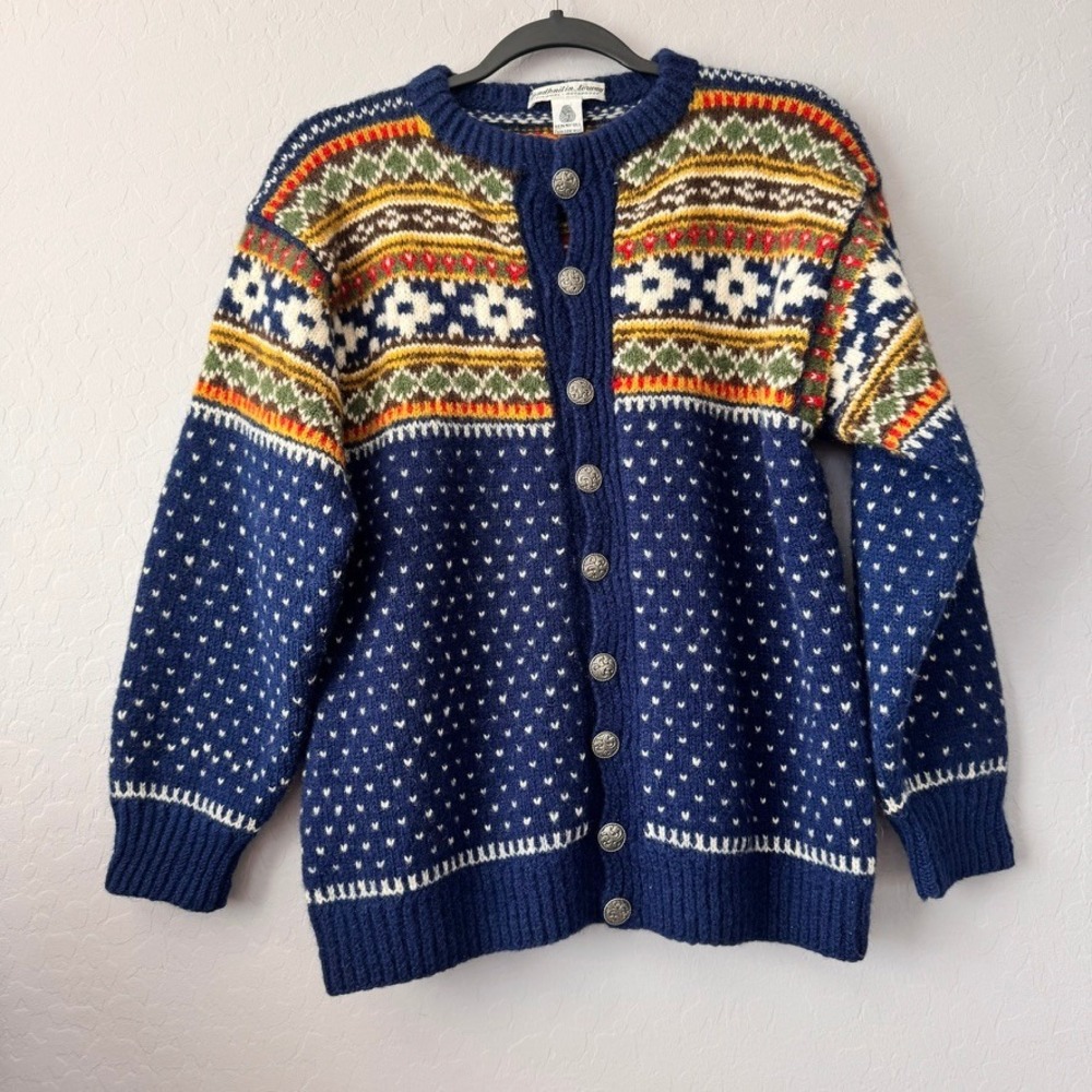 Handknit in Norway Large Cardigan Blue Long Sleeve Wool Nordic Fair Isle Button